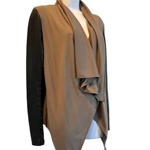 Open Front Draped Jacket with Leather Sleeve Detail